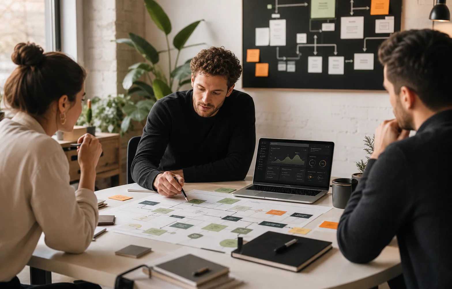 Business AI consulting session with workflow maps and laptop